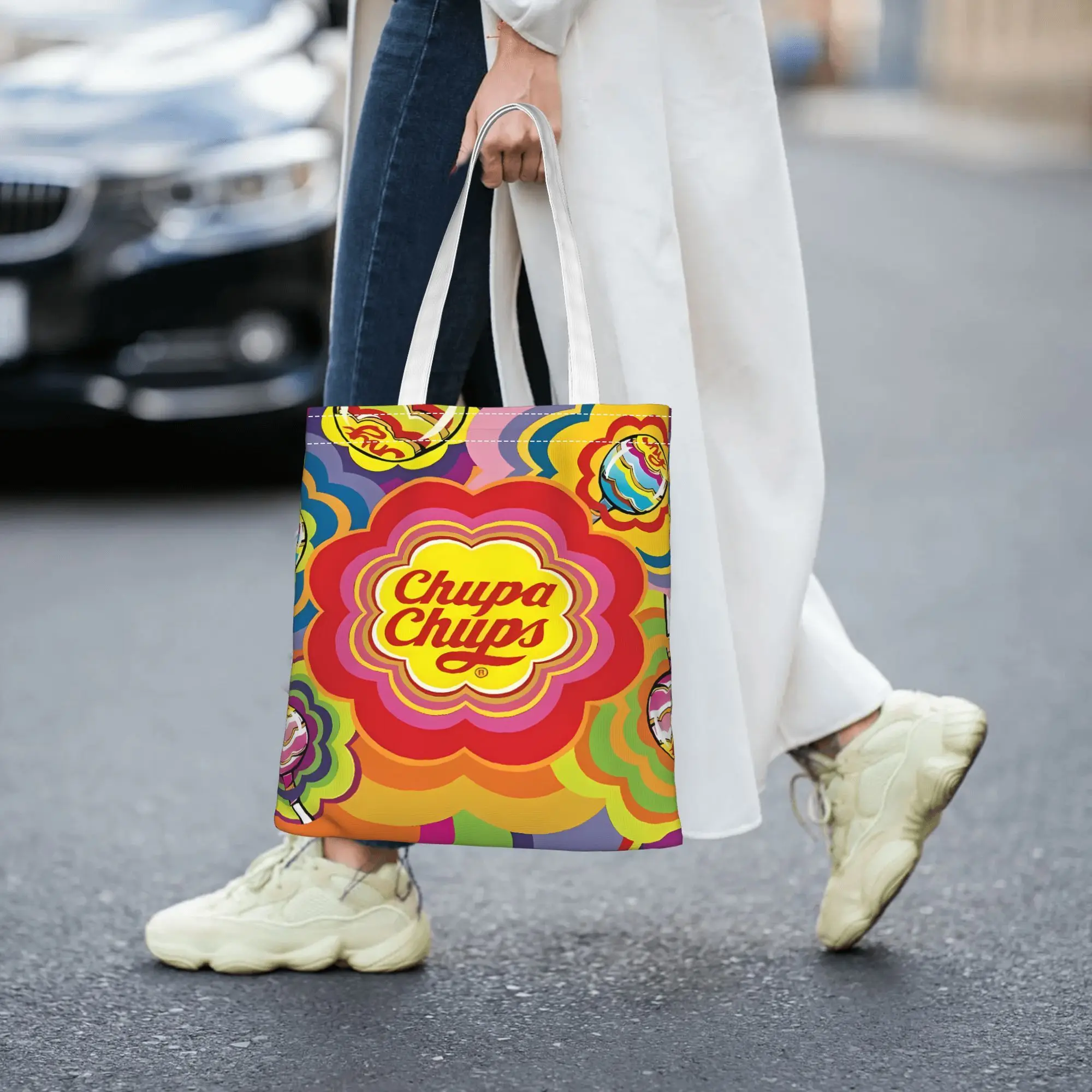 Bolso de mano Chupa Chups Lollipop: diseño colorido y vibrante con remolinos rosas, morados y naranjas, bolso de compras