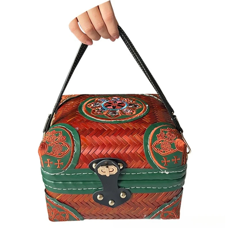 

Bamboo Basket, Leather Embroidered Loma Hand-Carrying Basket, Handmade Bamboo Woven Storage Basket, Dry Food Box