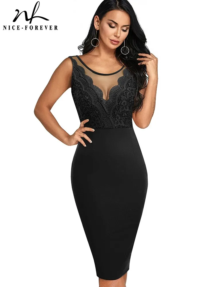 

Nice-Forever Summer Women Elegant Sexy Lace Mesh Patchwork Dresses Cocktail Wedding Party Vintage Bodycon Slim Dress B684