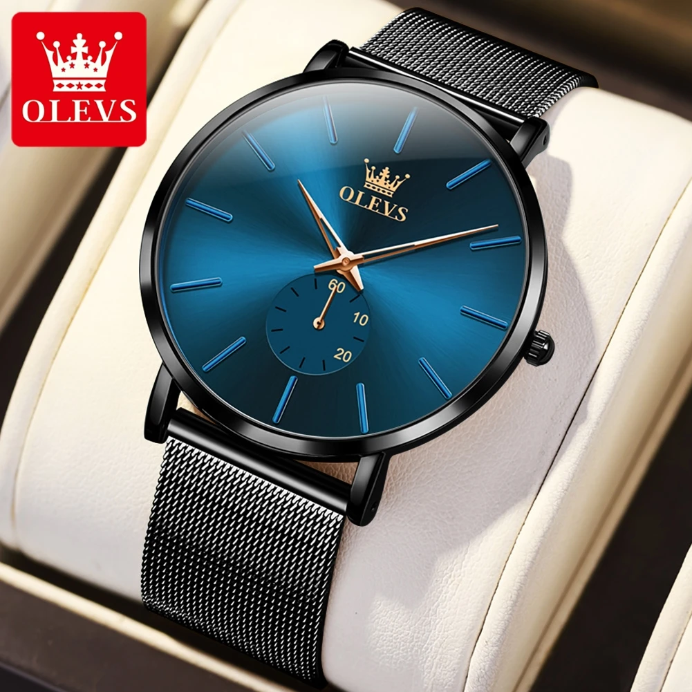 OLEVS Men's Watches Minimalism Ultrathin Original Quartz Wristwatch Waterproof Luminous Independent Second Hand Dial Mesh Strap