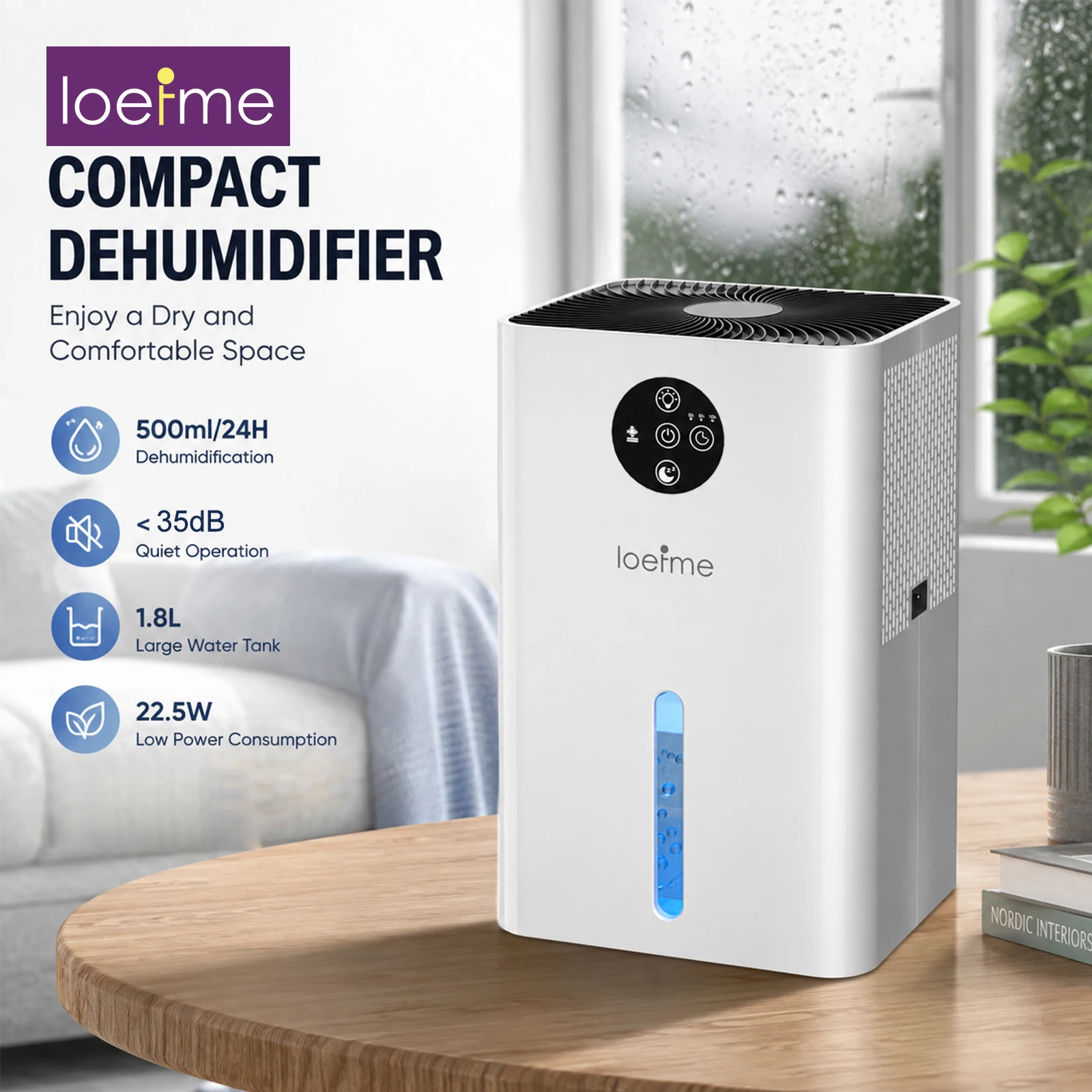 Deumidificatore portatile LOEFME, serbatoio d'acqua da 1,8 litri, capacità di assorbimento dell'umidità di 500 ml al giorno, ideale per camera da letto, casa, ufficio, armadio e piccoli ambienti.