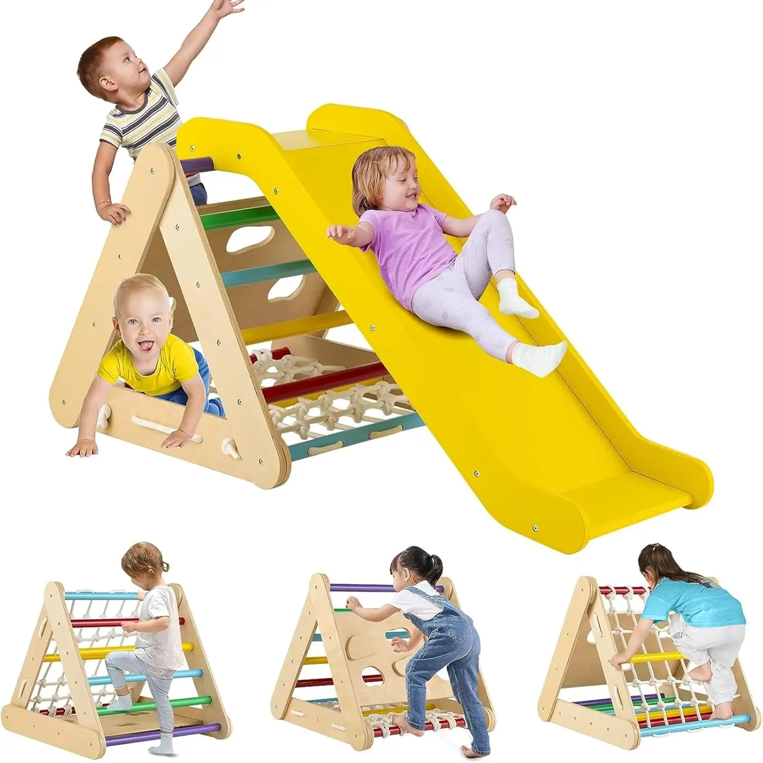 Jouet d'escalade 4 en 1 pour tout-petits, grimpeur triangulaire en bois Montessori sur 3 côtés avec rampe coulissante, filet d'escalade et planche, enfants garçons