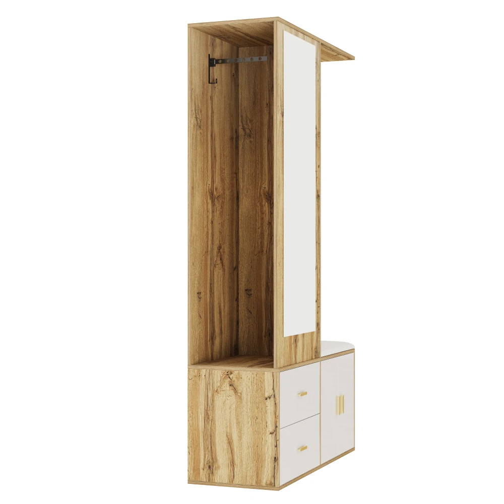 PINGGO Edles Garderoben-Set mit Spiegel, Schuhschrank, Schuhbank mit Haken, ausziehbarer Kleiderstange in Weiß und Holzfarben – Detail 19