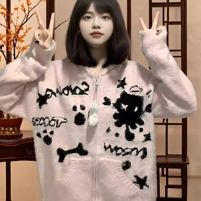 

Милый японский стильный жаккардовый вязаный свитер с кошачьими ушками, кардиган с капюшоном и ушками, корейский сладкий свежий студенческий свитер с имитацией соболь, пальто