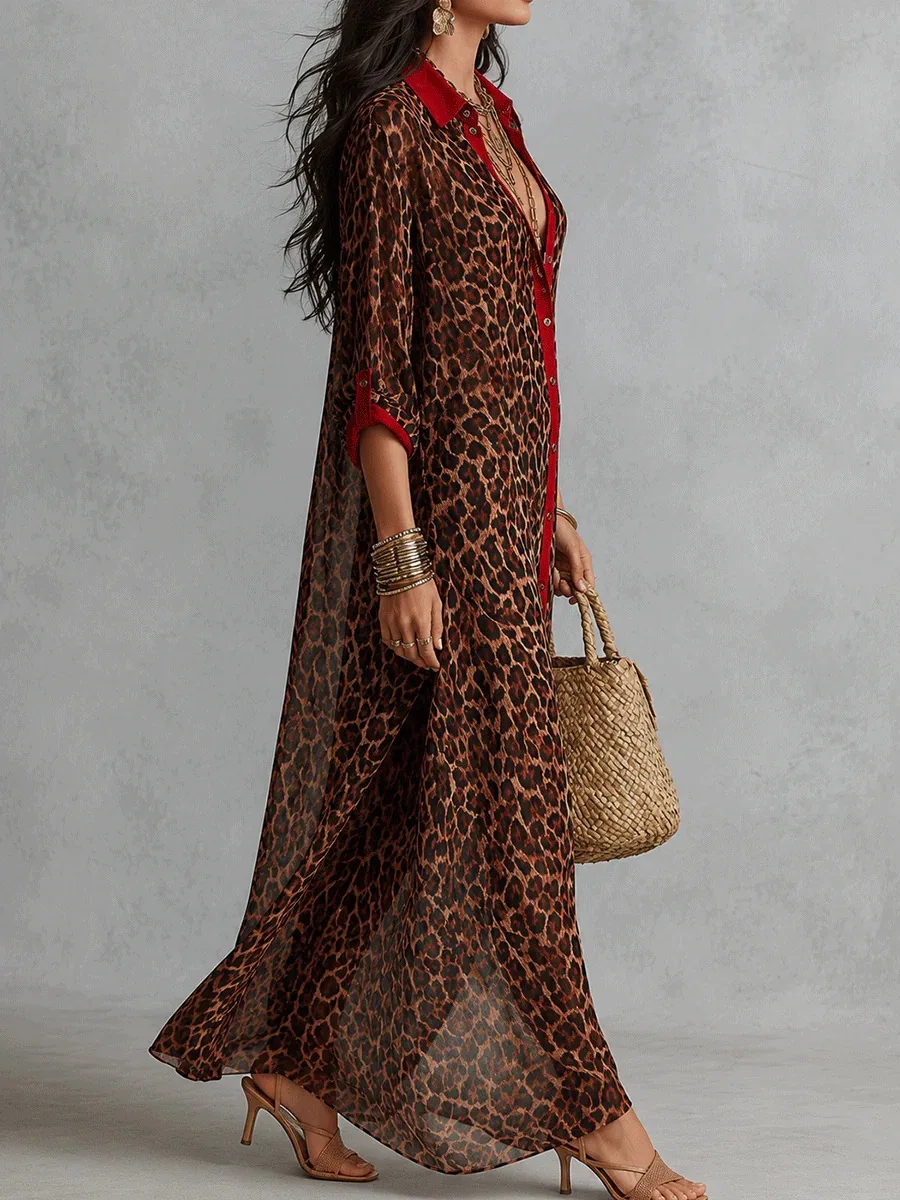 Damen Leoparden-Print Hemdkleid mit Roter Borte, Reverskragen, Knopfleiste, Seitenschlitz, Lockerer Strand-Überzug, Kaftan, Urlaubskleid, Lässiges Langes Kleid – Detail 2