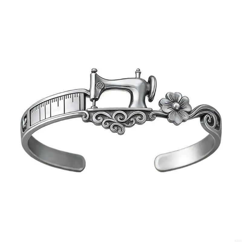  Craft Themed Bracelet Adjustable Open Cuff with Sewing Machine Centerpiece Tape Measure Engraving and Scroll Detail Jewelry