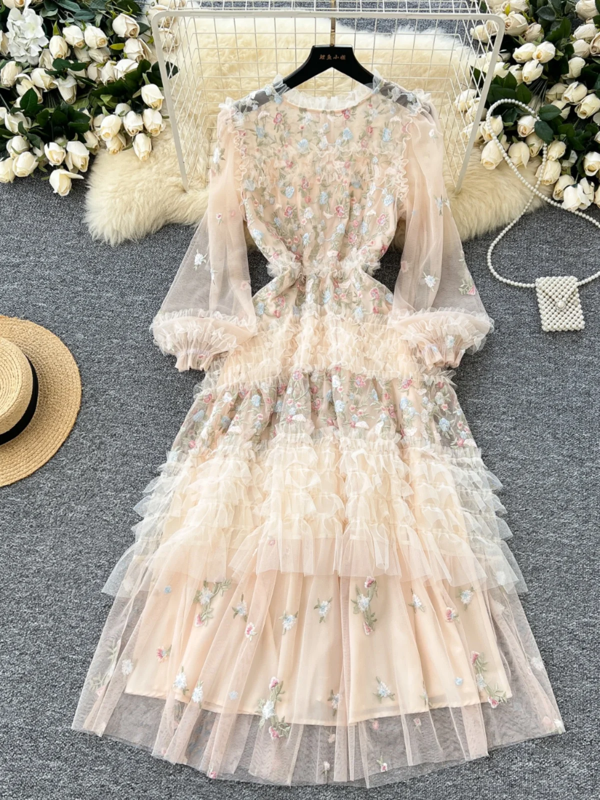 Elegant Embroidered Floral Net Gown Women's Autumn Heavy Work Skirt Puffy Knee-Length Dress Korean Style High Waist A-Line
