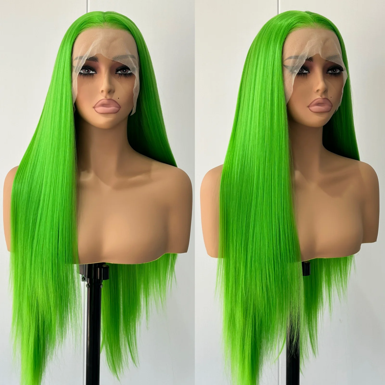 Long Green Wig Silky Straight Synthetic Hair Free Part Lime Green Colored Lace Heat Resistant Fiber Wigs for Women Party Cosplay
