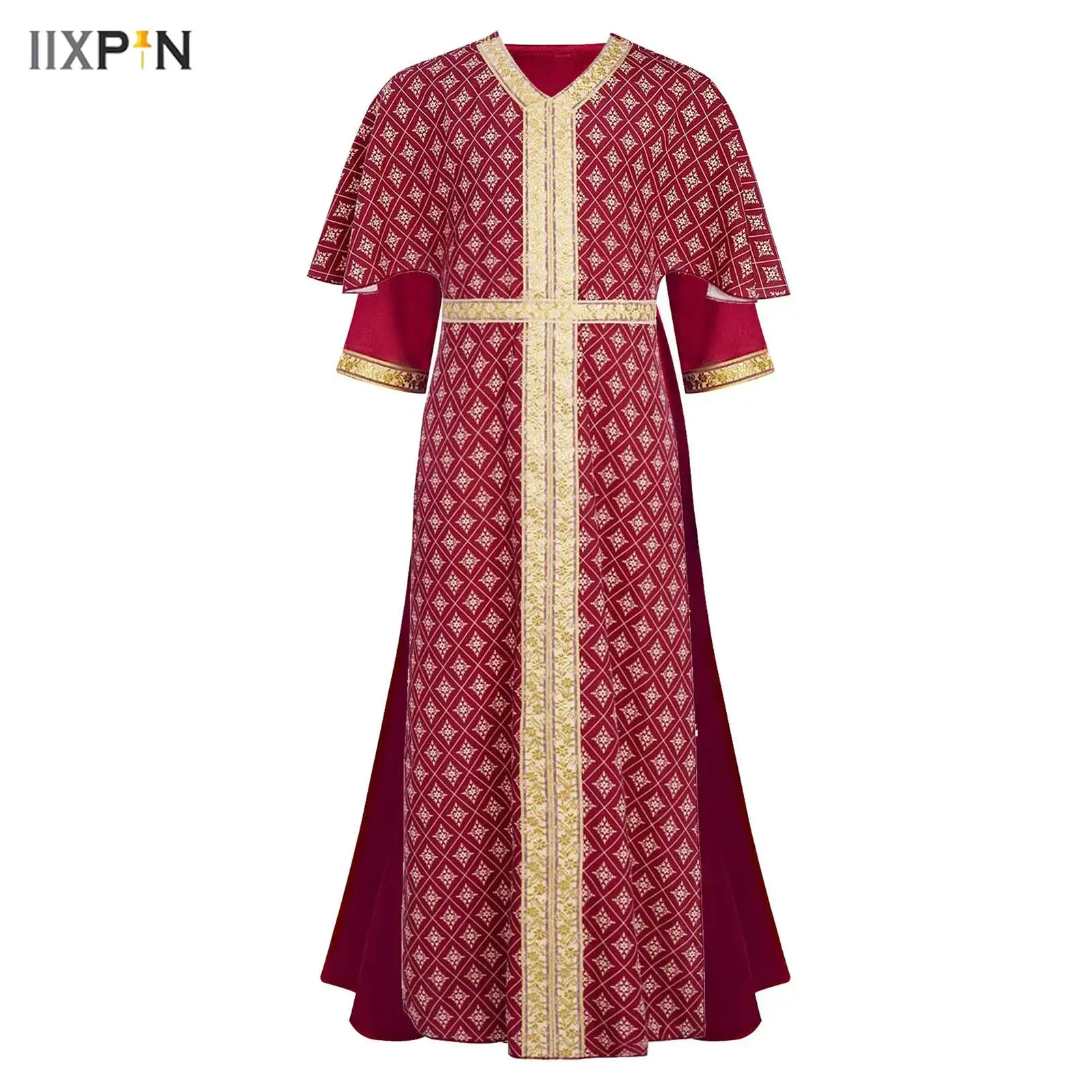 

Kids Girls Indian Clothing Embroidery Trimming Side Split Tunic with Belt Square Collar Maxi Dress for Halloween Party Role Play