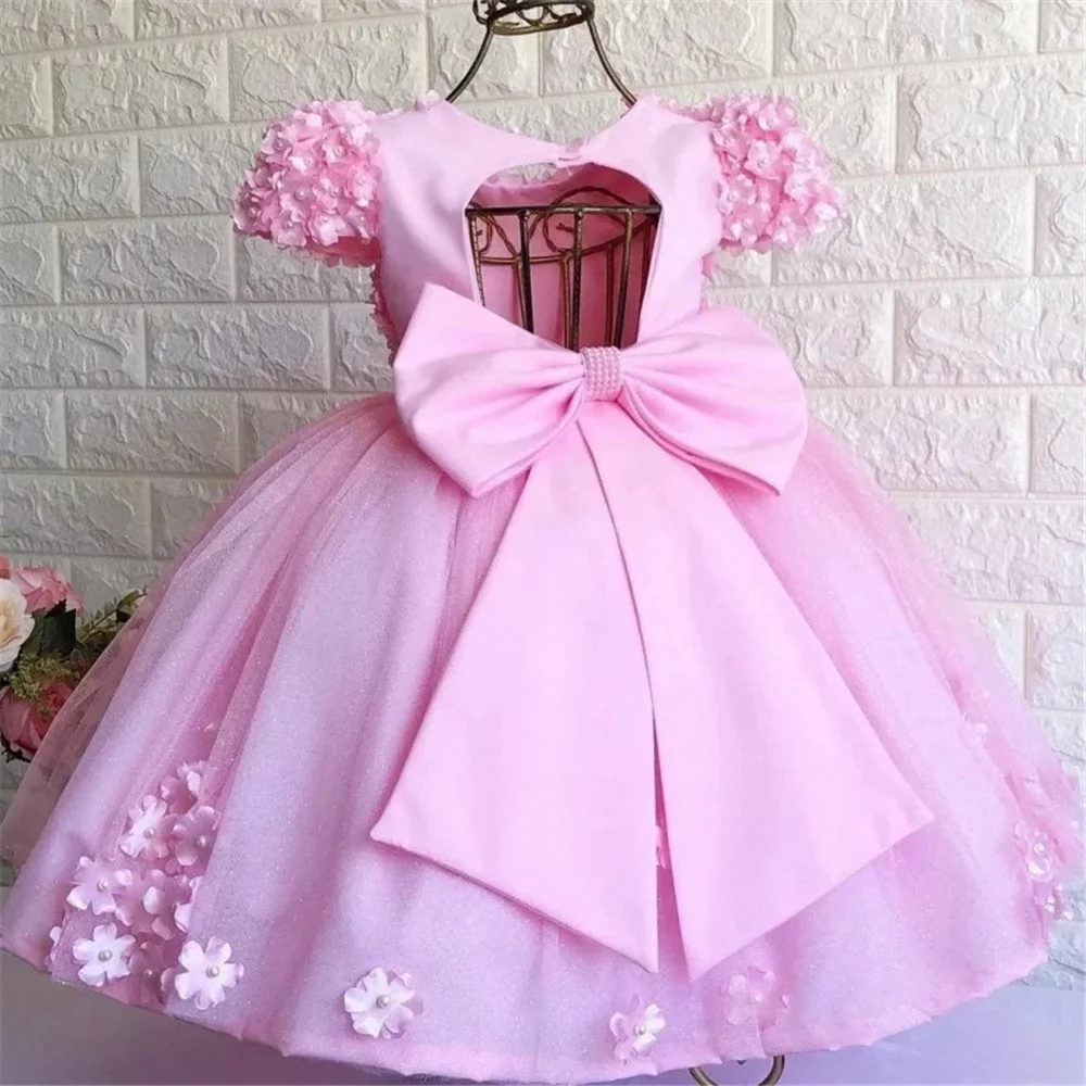 

Pink Tulle Flower Girl Dresses Puffy Flowers And Pearl With Bow Short Sleeve For Wedding Birthday Gift First Communion Gowns