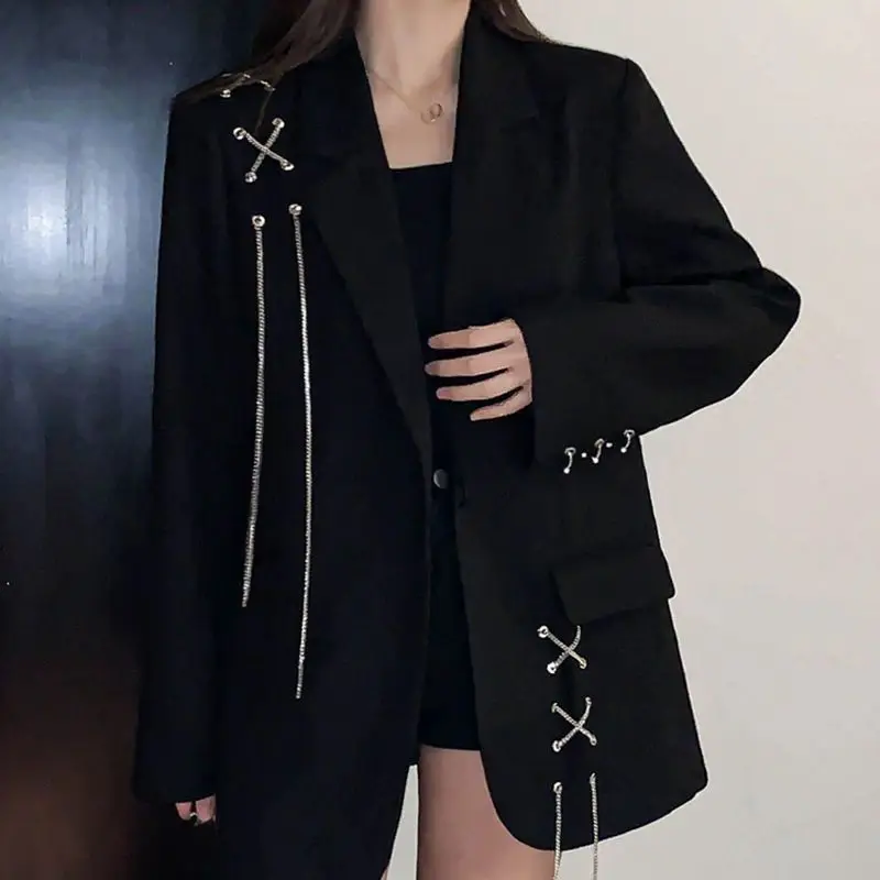Fato feminino solto casual preto, blazer de estudante regular, novo, outono, inverno