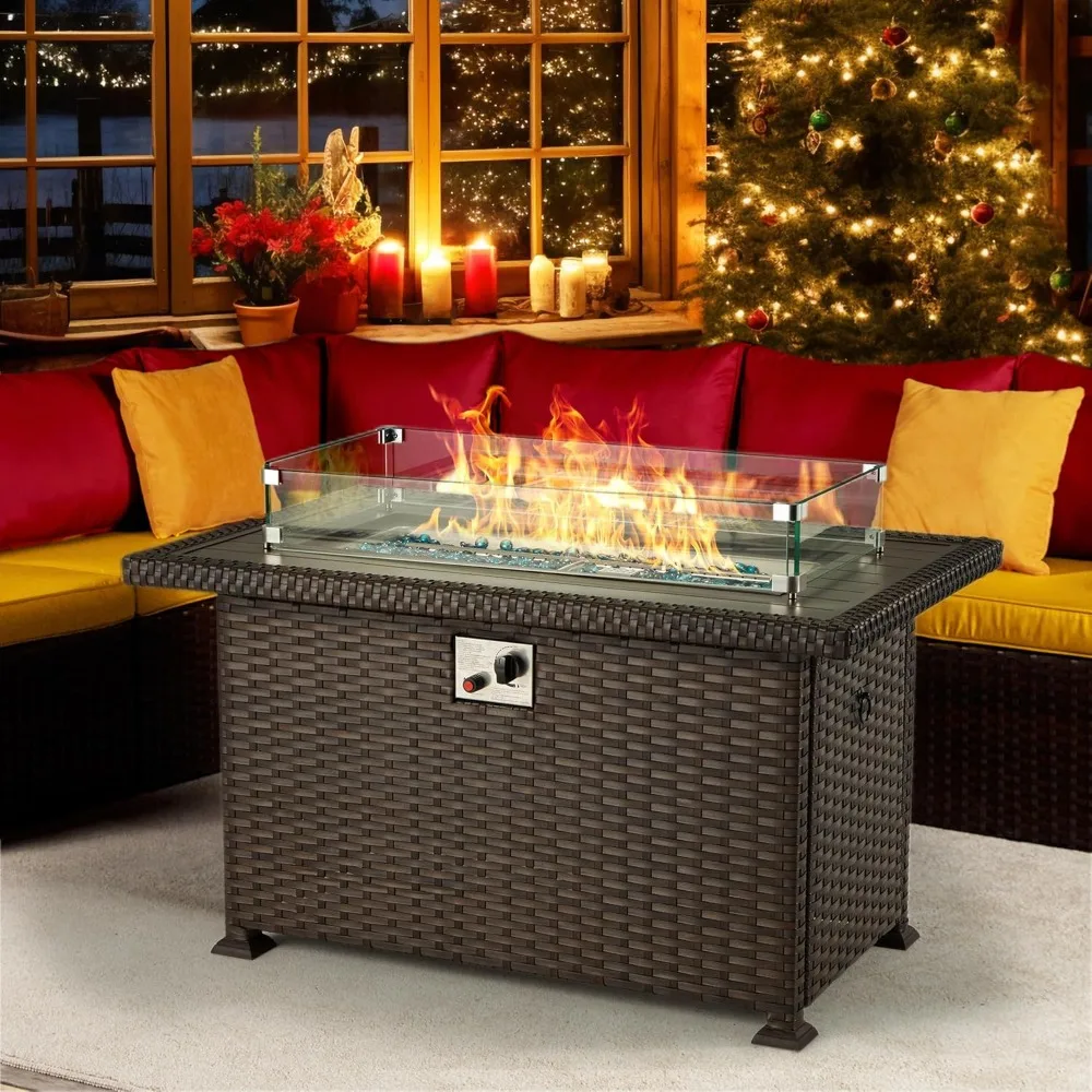 Propane Fire Pit Table, 50 Inch 50,000 BTU Self-Igniting Gas Fire Pit Table Rectangle, Windshield, Lid，Brown-50inch