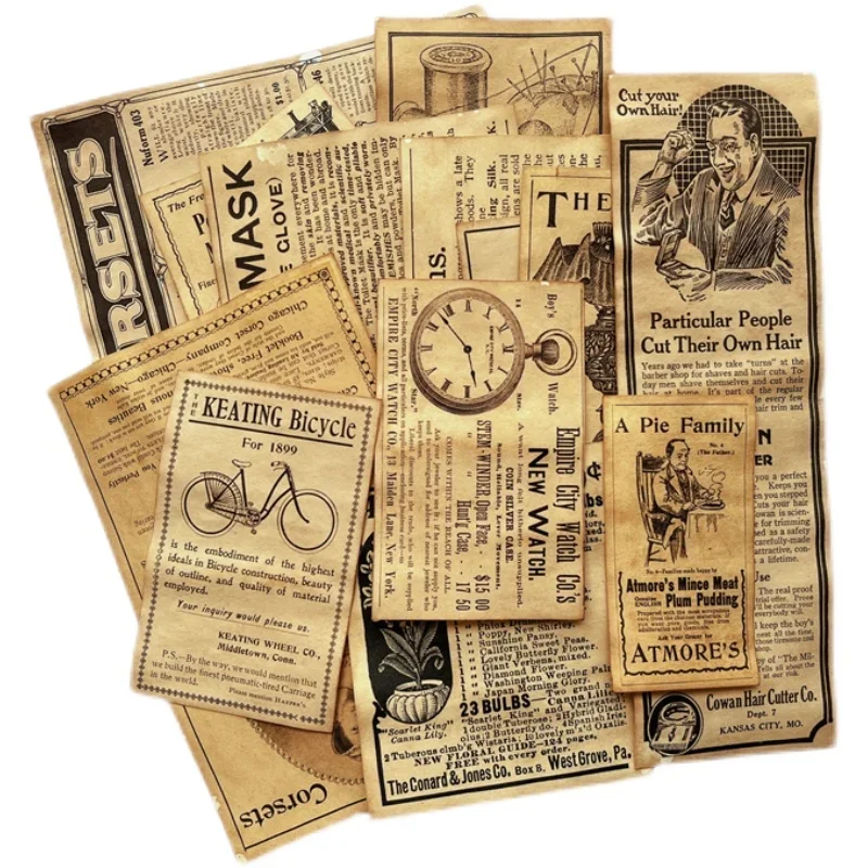 16Pcs Vintage Newspaper Craft Paper Coffee Dyed Lady Photo Advertisement Junk Journal Ephemera Scrapbooking Material Paper Pack