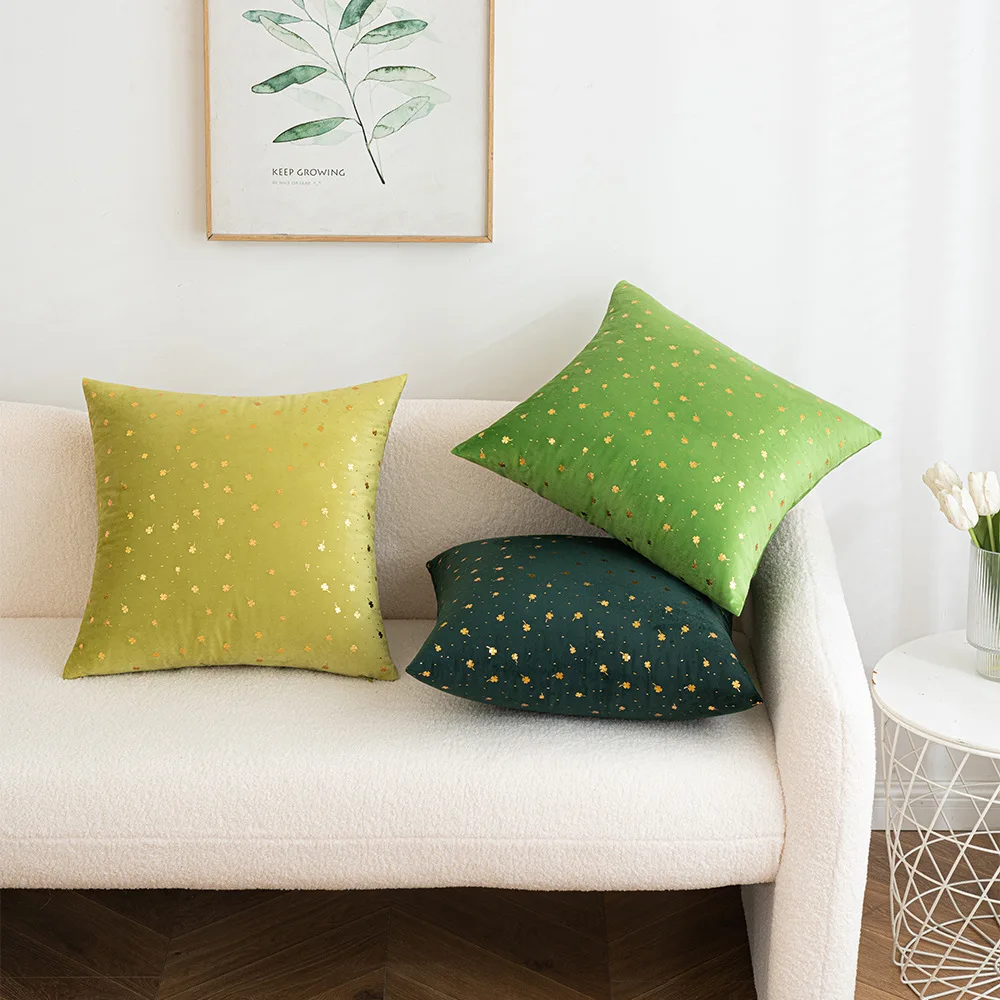 Velvet grass green pillow 45x45cm small four-leaf clover gilded pillow cover sofa cushion pillow office waist pillowcase