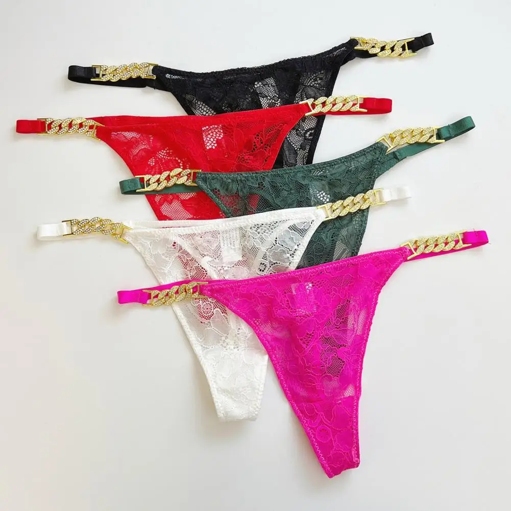 

Sexy Women Thongs Chain Rhinestone Decor Hollow Out Lace Mesh Thin Mid Waist Embroidery Anti-septic Lady Underpants Briefs