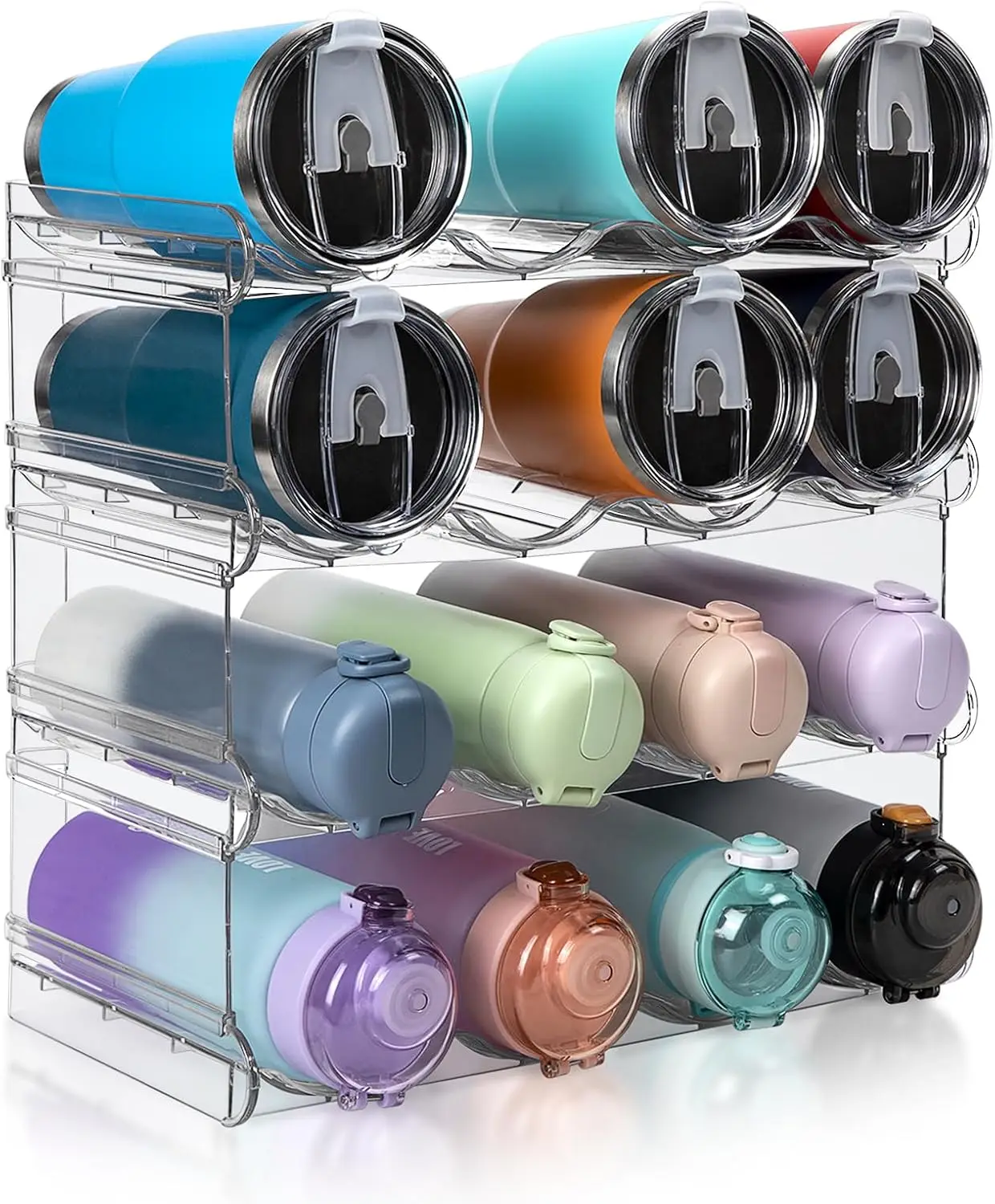 

4-Tier Stackable Water Bottle Organizer, Large Compartment Holder for Cabinet Kitchen Storage - Holds 16 Bottles