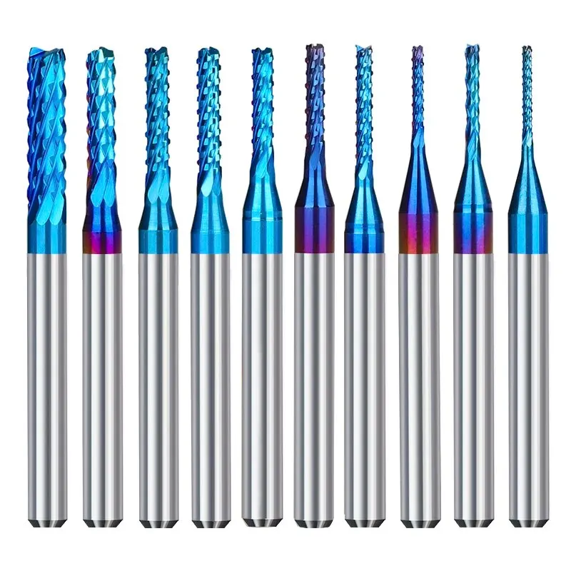 XCAN Carbide End Milling Cutter 10pcs 3.175 Shank Blue Coated CNC Router Bits Engraving Edge Cutter End Mill 0.8-3.175mm