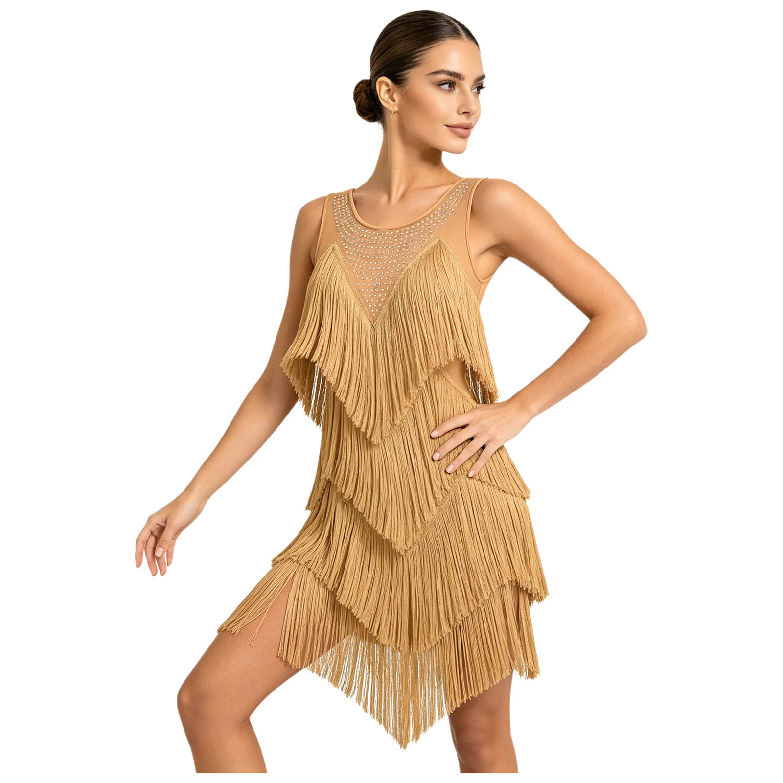 

Women 1920s Flapper Cocktail Party Dress Latin Dance Cha-cha Tango Rumba Samba Costume Rhinestone Tiered Tassel Bodycon Dresses