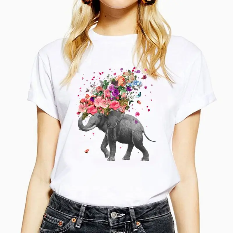 Elephant flowers Funny Printed Women T Shirt Summer New Arrival Plus Size t-shirt Fashion all-match Short Sleeve Tshirt Tops