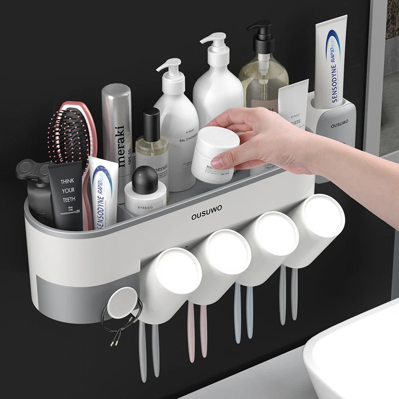 Bathroom Toothbrush Holder Organizer with Cup Toothpaste Squeezer Dispenser Wall Storage Rack Bathroom Accessories set