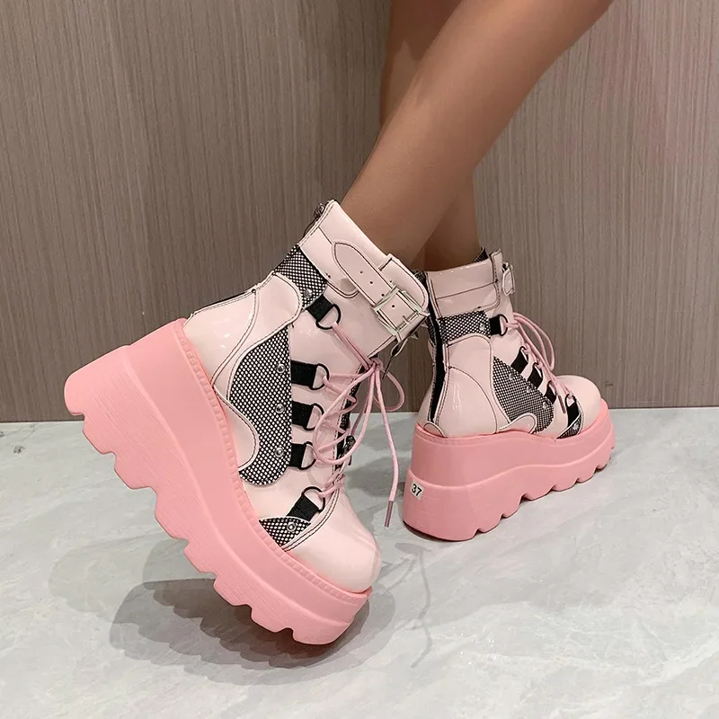 2024 New Design Women Punk Gothic Motorcycle Boots Platform Chunky High Heel Ankle Boot Ladies Cool Wedge Black Female Shoes