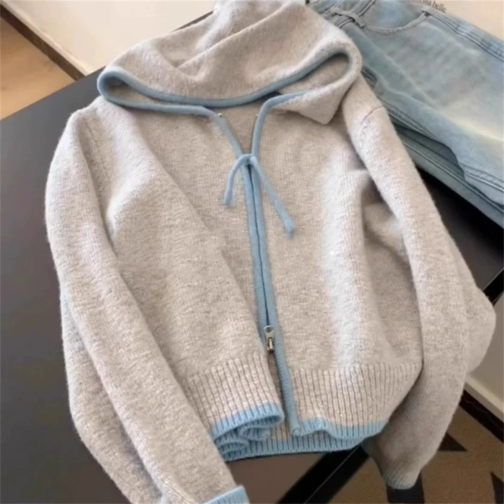 

2025 Autumn Winter Korean New Women Double Zipper Hooded Casual Long Sleeved Tops Collar Knitting Cardigan Fashion Style Sweater