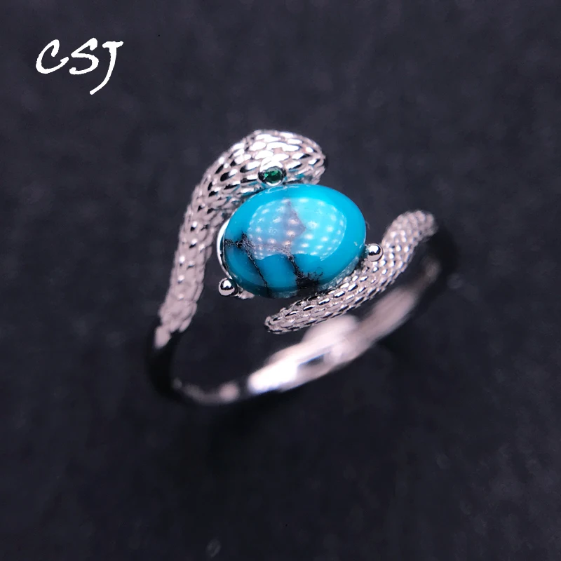 CSJ Natural Turquoise Snake Rings 925 Sterling Silver Gemstone Oval 8*6mm for Women Party Birthday Christmas Jewelry Gift