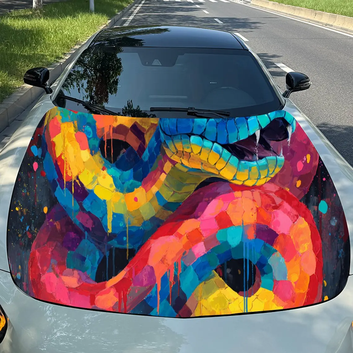 

Artistic Colorful Snake Car Vinyl Wrap, PVC Waterproof Car Hood Sticker, Self-Adhesive Scratch-Resistant Stickers for Engine Cov