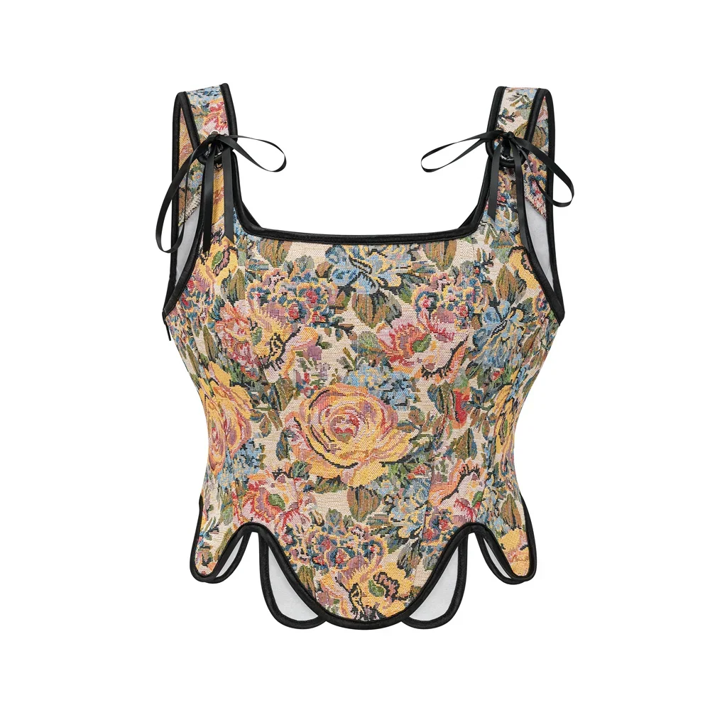 

Women Vintage Flower Print Overbust Corsets Tops Gothic Body Shaper Sexy Side Zipper Shoulder Strap Bustier Vest Fashion