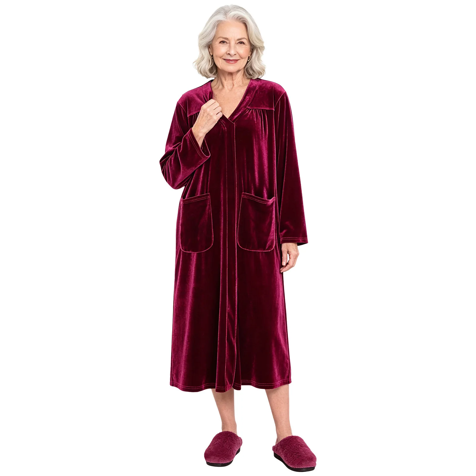 Women Special Needs Adaptive Warm Velvet Robe Press Button Shoulder Open Back Nightgown Bathrobe with Pocket for elderly Nursing