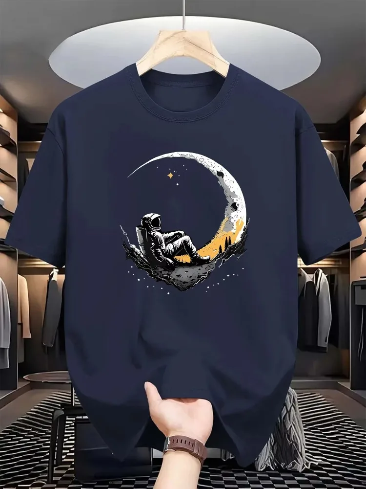 Summer Men's 100% Pure Cotton Casual Loose Fit Astronaut Login Moon Pattern Printed Comfortable Round Neck Short Sleeved T-shirt view 2