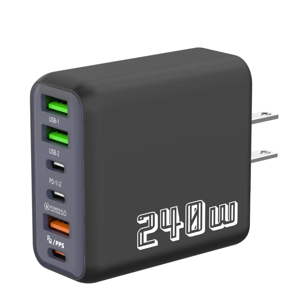 Cargador GaN de 240W con 6 Puertos USB-A y USB-C, PD, PPS, QC5.0, Cargador de Pared de Carga Rápida, Adaptador de Corriente de Viaje para iPhone, Samsung y Laptops