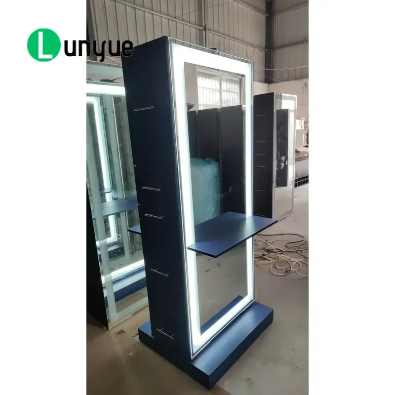 Vintage Blue Double Sided Barber Station with LED Mirror Wooden Multifunctional Storage Cabinet Modern Beauty Furniture