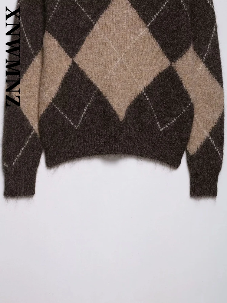 XNWMNZ 2025 Autumn New Lady Fashion Casual Long Sleeve O-Collar Knitted Long Sleeve Top Vintage Commuting Woman's BROWN Pullover