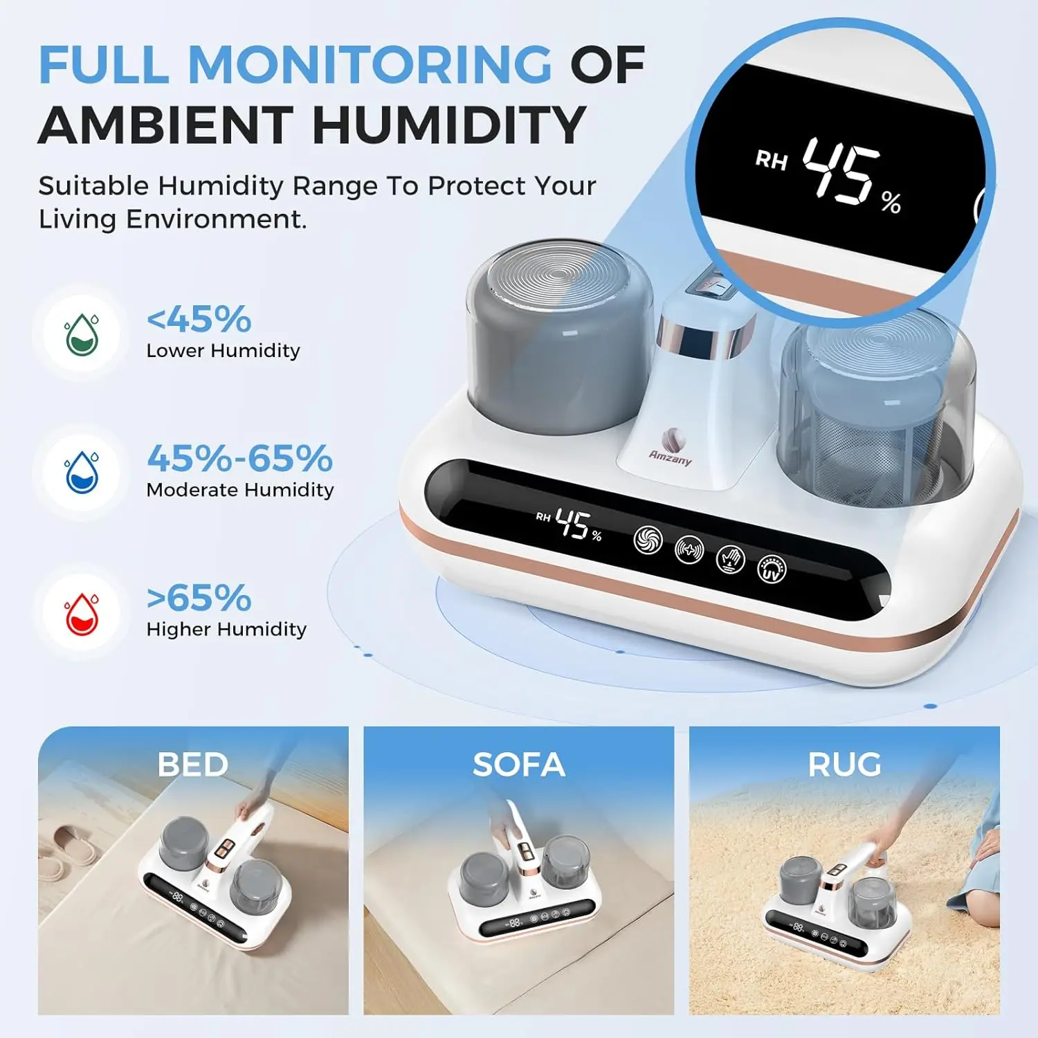 مكنسة كهربائية للسرير - مكنسة كهربائية لاسلكية 5 في 1 مع ضوء UV-C وتقنية بالموجات فوق الصوتية، منخفضة الضوضاء