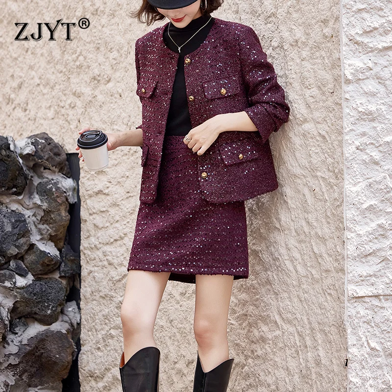 ZJYT Autumn Winter Sequined Tweed Jacket Suits with Skirt 2 Pieces Matching Sets Women Elegant Vintage Party Outfit Red Black