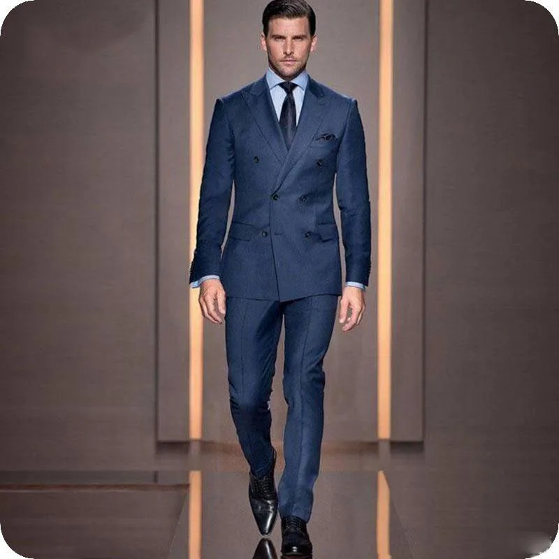 

2022 New Custom Made Double Breasted Dark Blue Men Suits Casual Male Blazers Slim Fit Groomsmen 2 Pieces Costume men clothing