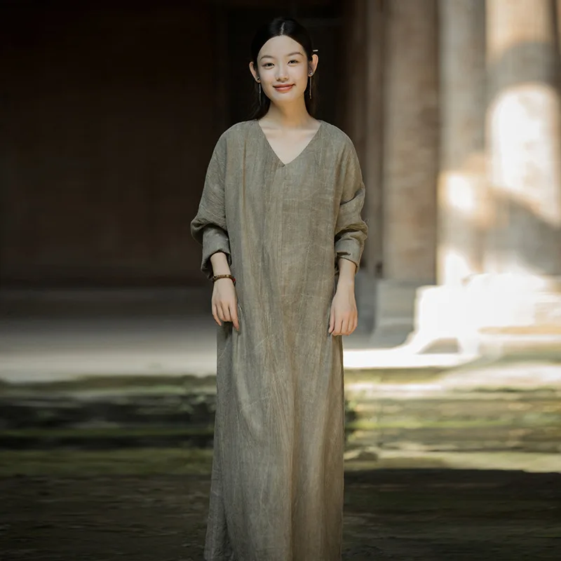 

Autumn/Winter Ramie-Cotton Hand-Dyed Original Neo-Chinese Dress for Home/Travel