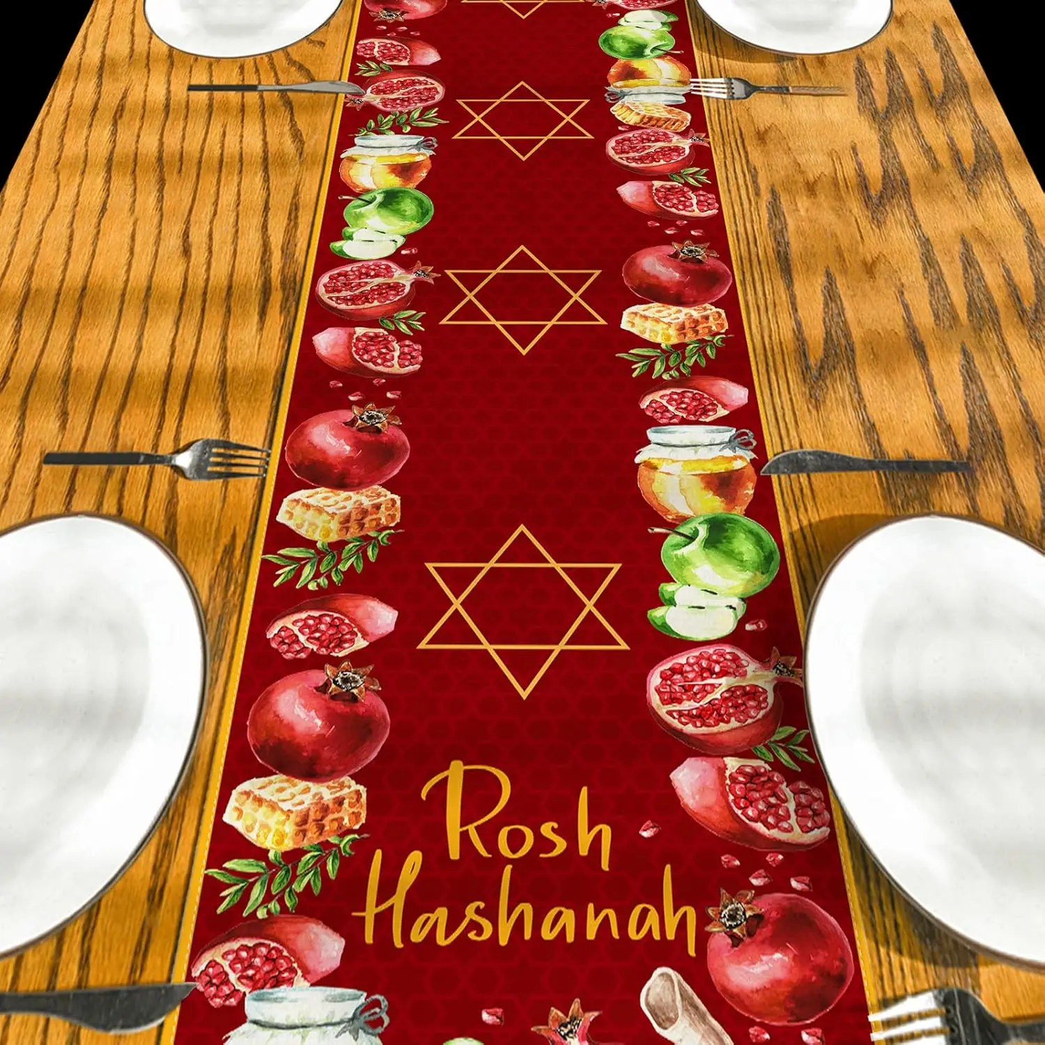 Rosh Hashanah Linen Table Runner home decor Shana Tova Pomegranate Shofar Horn Kitchen Table Runners Rosh Hashanah Decorations