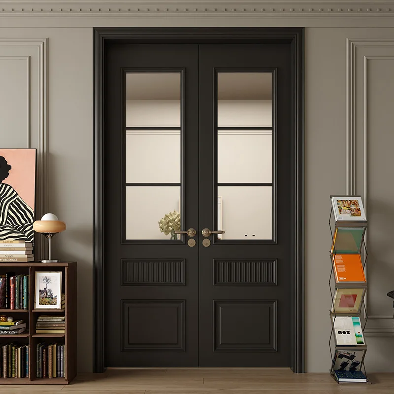 Solid wood paint door black study bedroom room open double door light French retro style home
