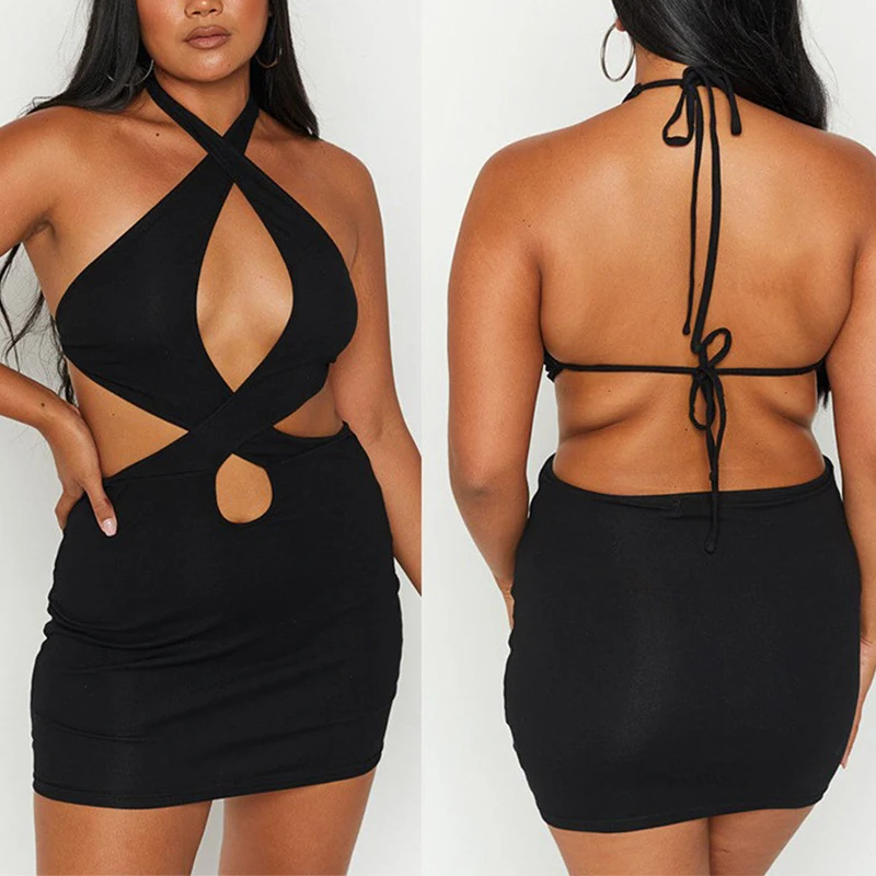 

Women's 2024 Summer New Black Night Club Halter Holloway Halter Leaky Back Strap Wrap Buttock Dress Female