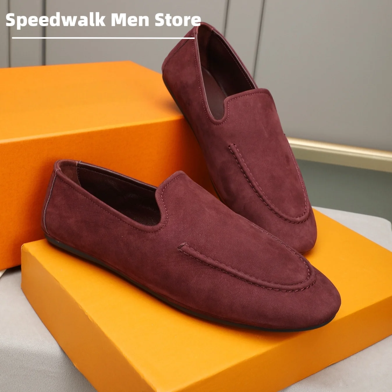 Men Slip On Soft Suede Loafers Hand Stitched Edge Flat Anti Slip Sole Comfortable Business Casual Driving Daily Walking Shoes