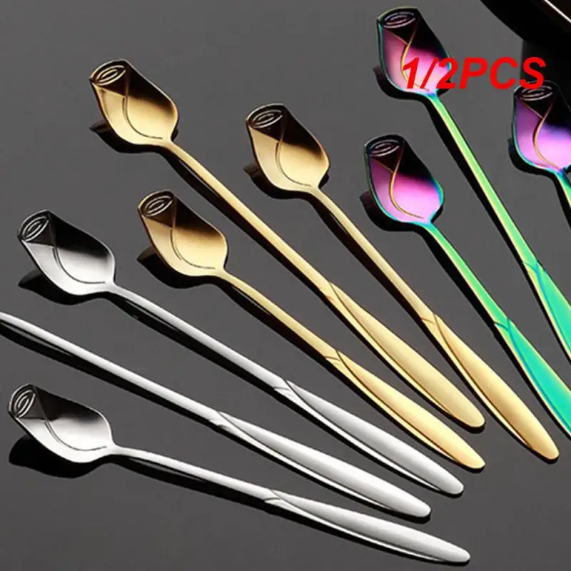 1/2PCS Coffee Spoon Colorful Long Handle Stainless Steel Spoon Small Teaspoon Creative Dessert Spoon Tea Spoon