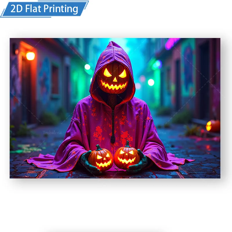 قطعة واحدة من نسيج الحائط للهالوين على شكل يقطين شبح - روح بقلنسوة أرجوانية مع فوانيس جاك أو، مشهد زقاق داكن