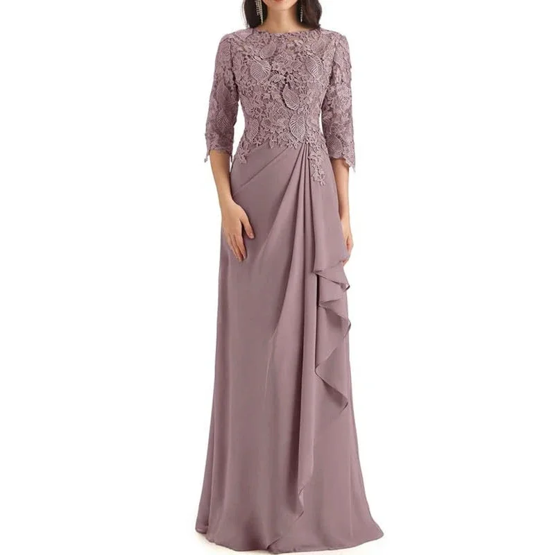 Lace Applique Mother of The Bride Dress Half Sleeves A-line Chiffon Wedding Party Dress Floor Length Evening Gowns Customized