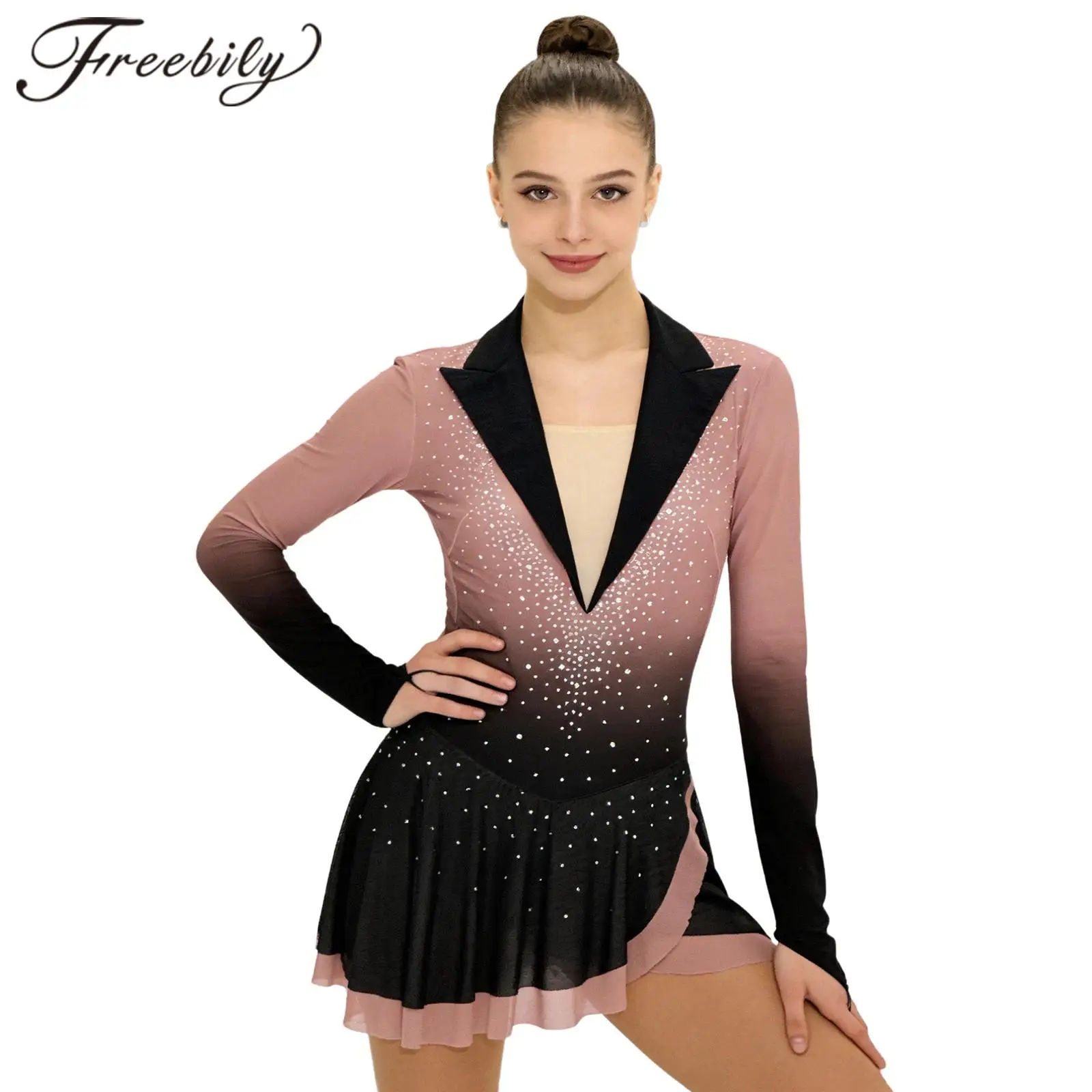 Womens Ice Skating Costumes Shiny Rhinestone Sheer Mesh Gymnastics Ballet Leotard Dress Lyrical Performance Dancewear