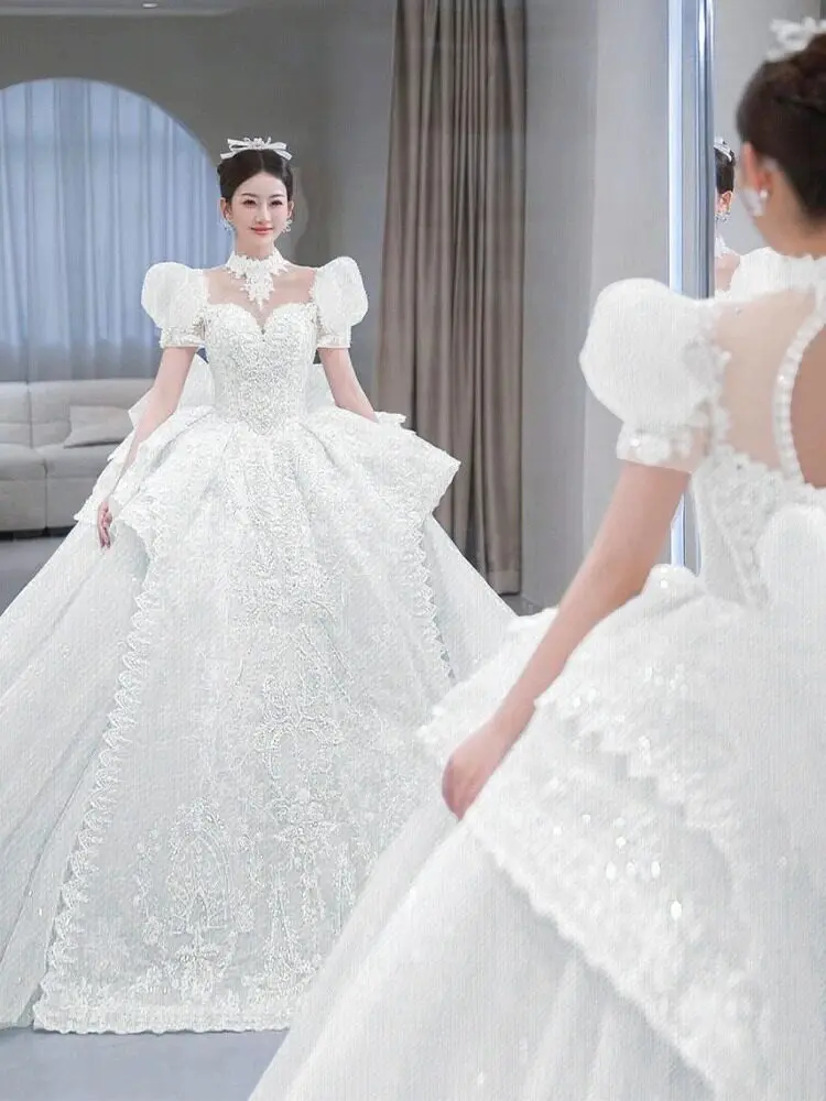 Ice-Snow Blue Main Wedding Dress 2026 New Bridal French High-End Heavy Industry Luxury Trailing High-Grade Puff Sleeve Summer