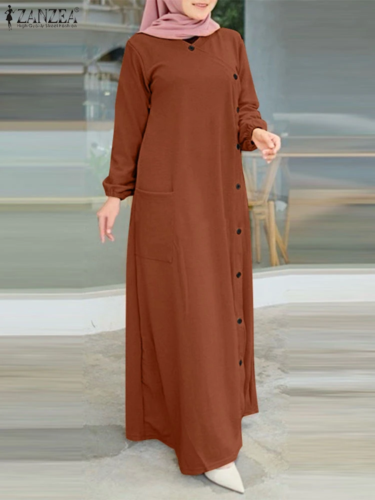 ZANZEA Muslim O Neck Long Dresses Buttons Casual Loose Long Sleeve Women 2024 A-line Vestidos Islamic Hijab Textured Abaya Robes