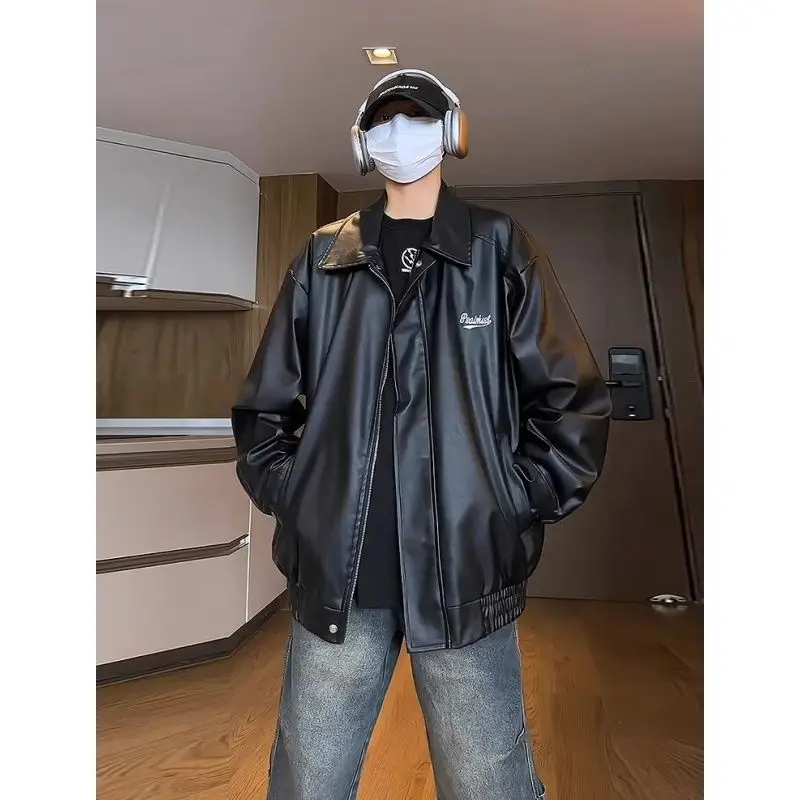 

Bla PU Leather Jaet Men's Loose Fit Pilot Sle Motorcycle Coat Spring Autumn Cleanfit Trendy Brand Chinese Manufacturer