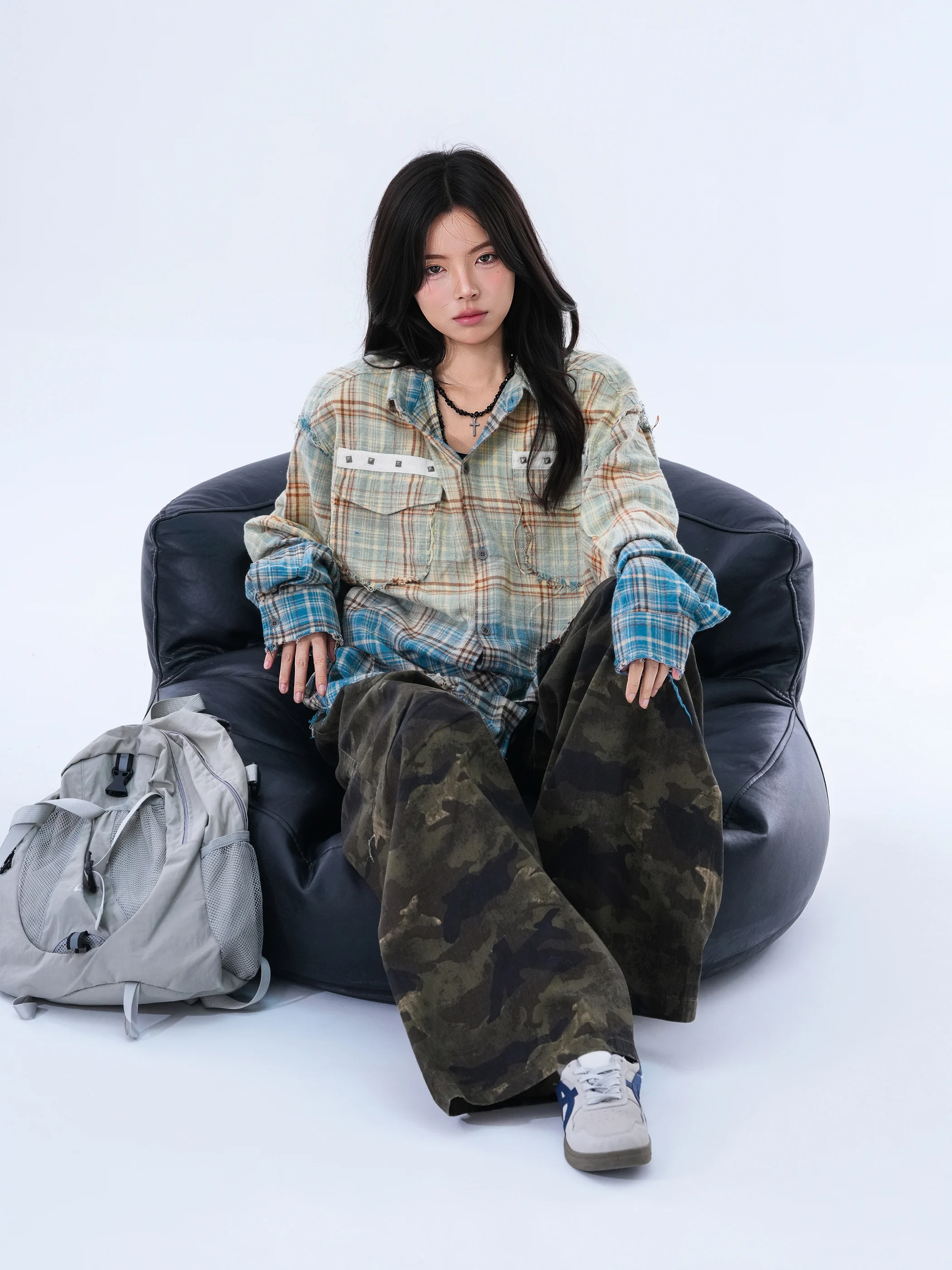 

Retro American adient Plaid Loose Women's irt Street Sle Pure Cotton Long Sve Collar Button down Casual Top